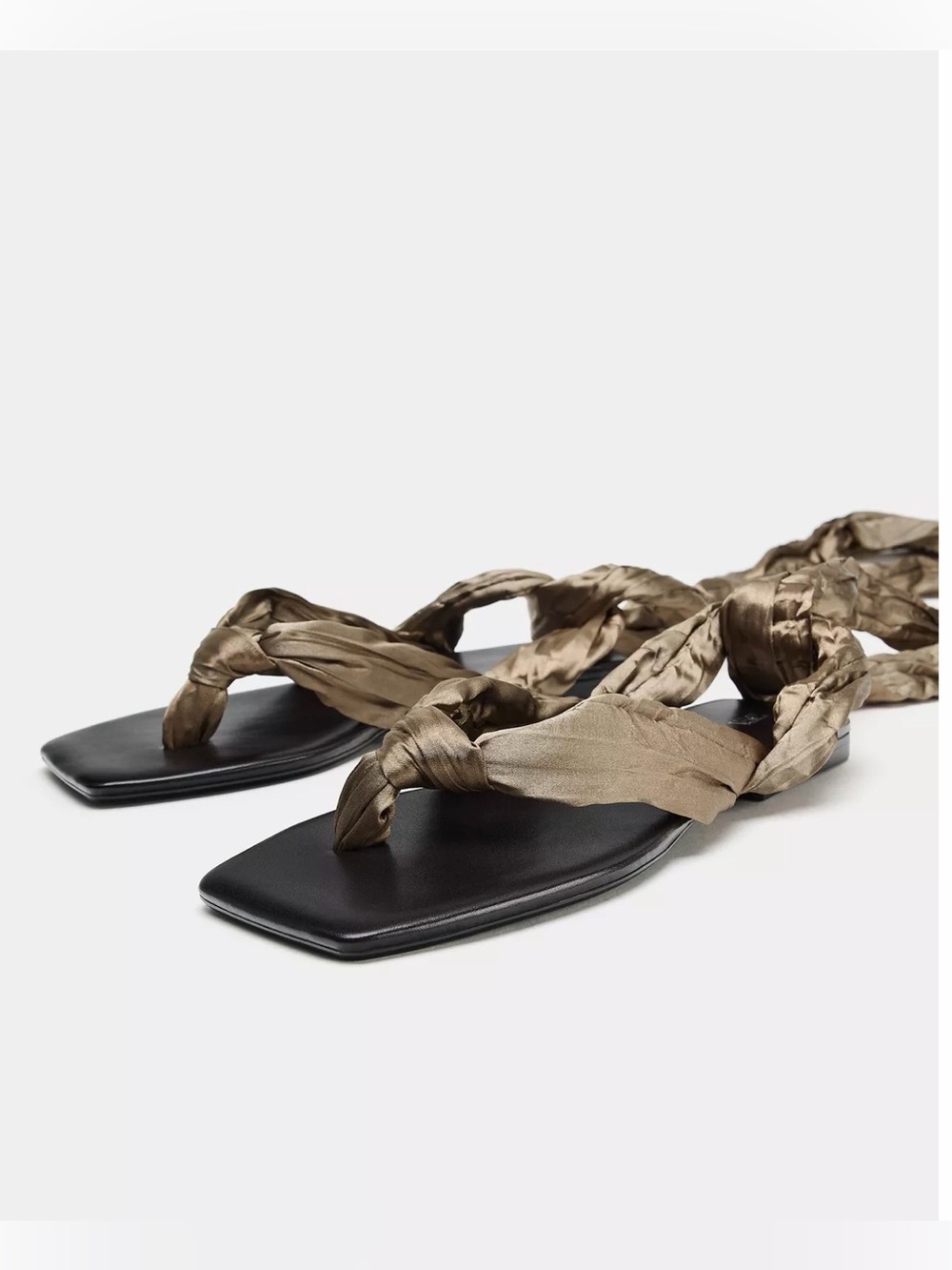Zara Olive Satin Ankle-Tie Flat Sandal - Picture 2 of 4